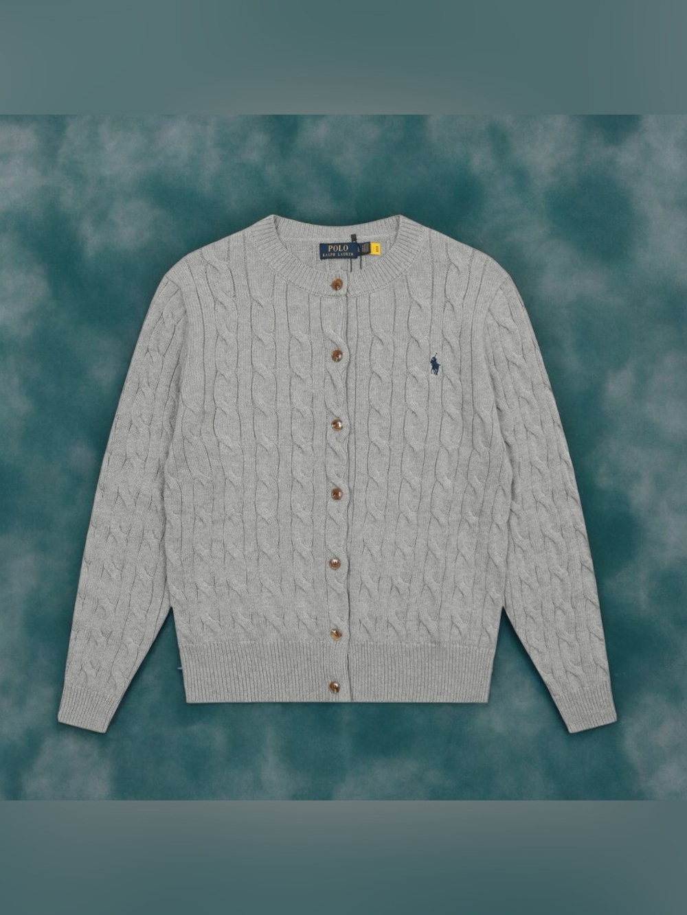 ๐ฆRalph Lauren Light Gray Cable-Knit Button Cardigan with Navy Pony